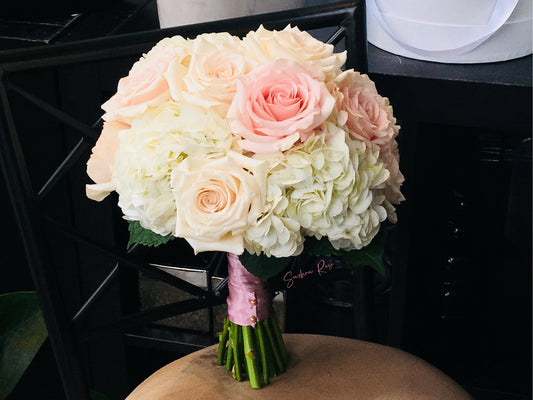 Soft pink rose & white hydrangea bridal bouquet